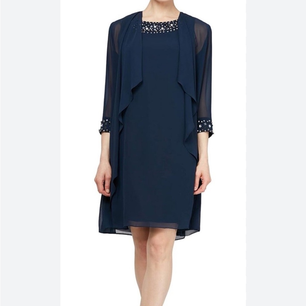 Ignite Elegant Navy Blue Dress with Sheer Overlay Jacket Size 16